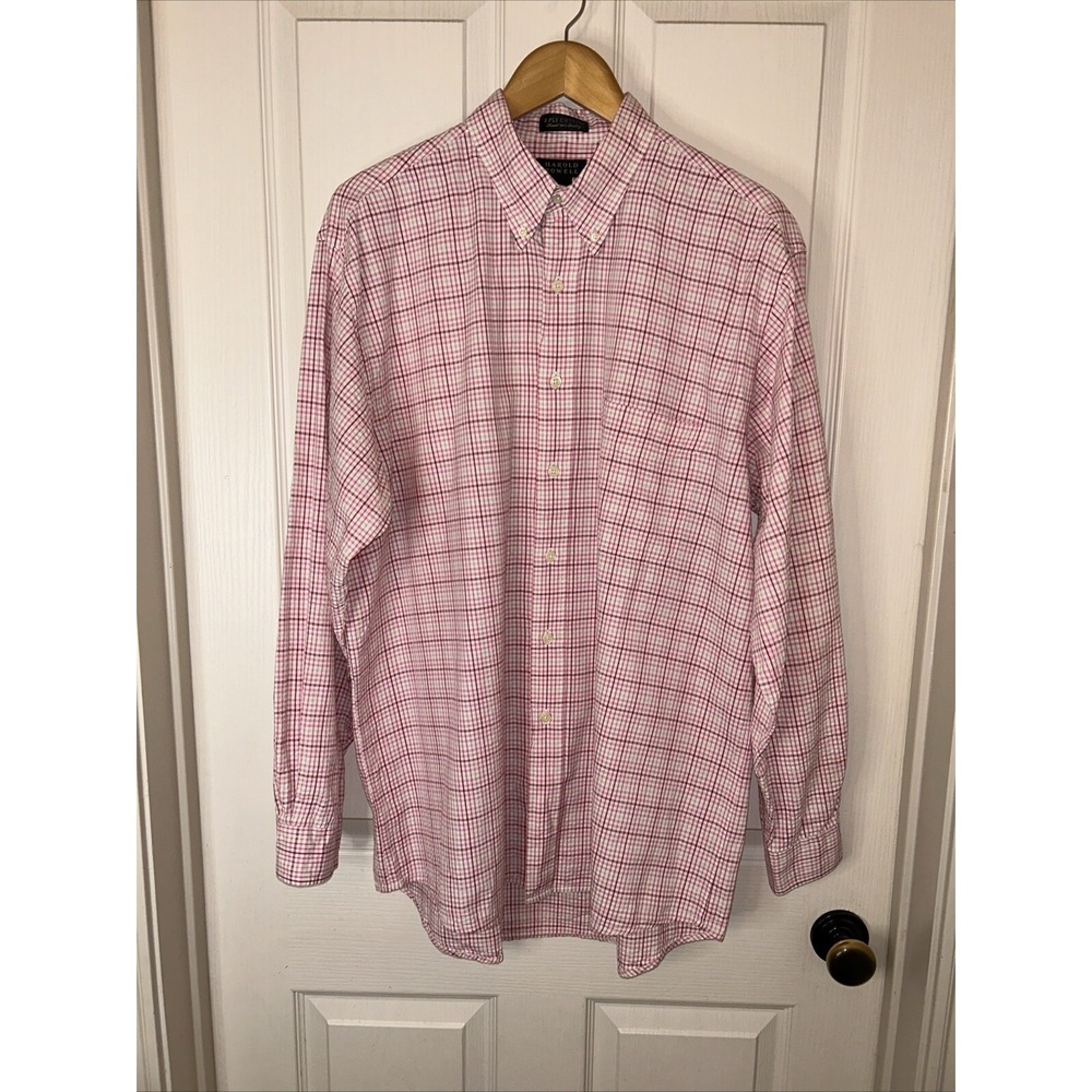 Harold Powell men's LS shirt size L 2-ply cotton red pink green White Plaid‎